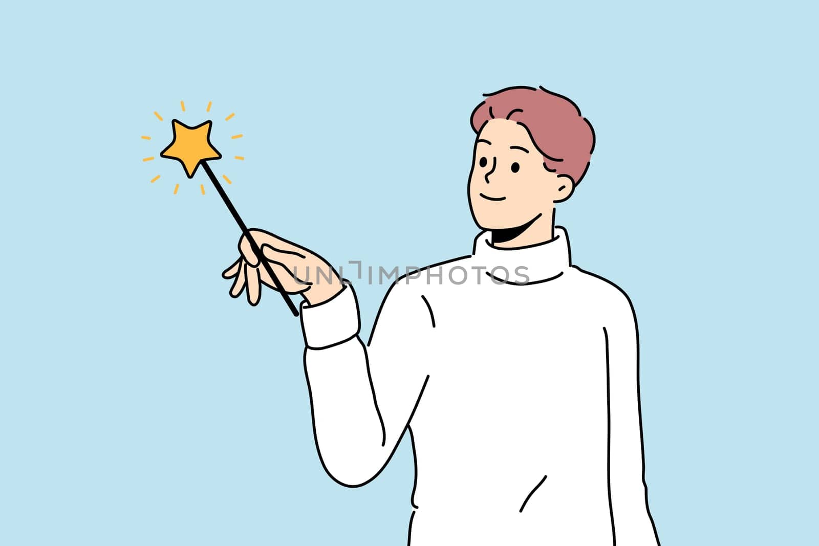 Man wizard uses fairy magic wand and casts enchanting spell during witchcraft or magic trick. Fairy guy offers to visit magical sale with unrealistically low prices and amazing shopping discounts
