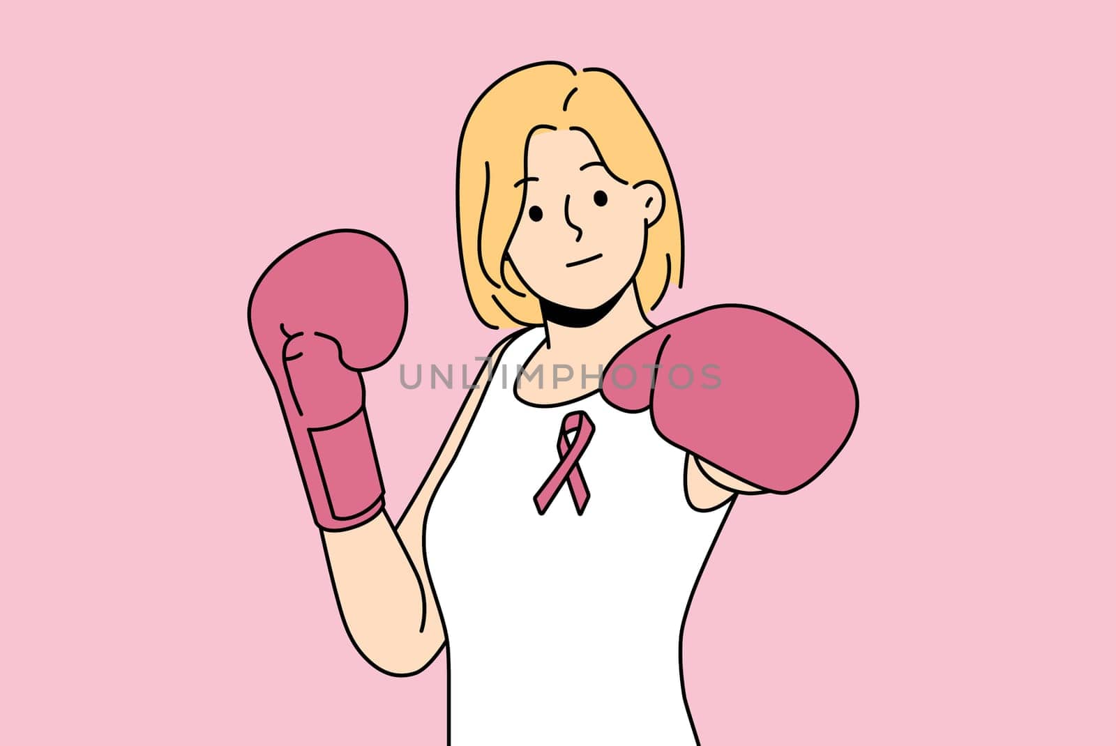 Woman fights cancerous tumor using boxing gloves and resisting development cancer. Boxer girl with pink ribbon symbolizing fight against breast cancer and promoting early detection symptoms disease