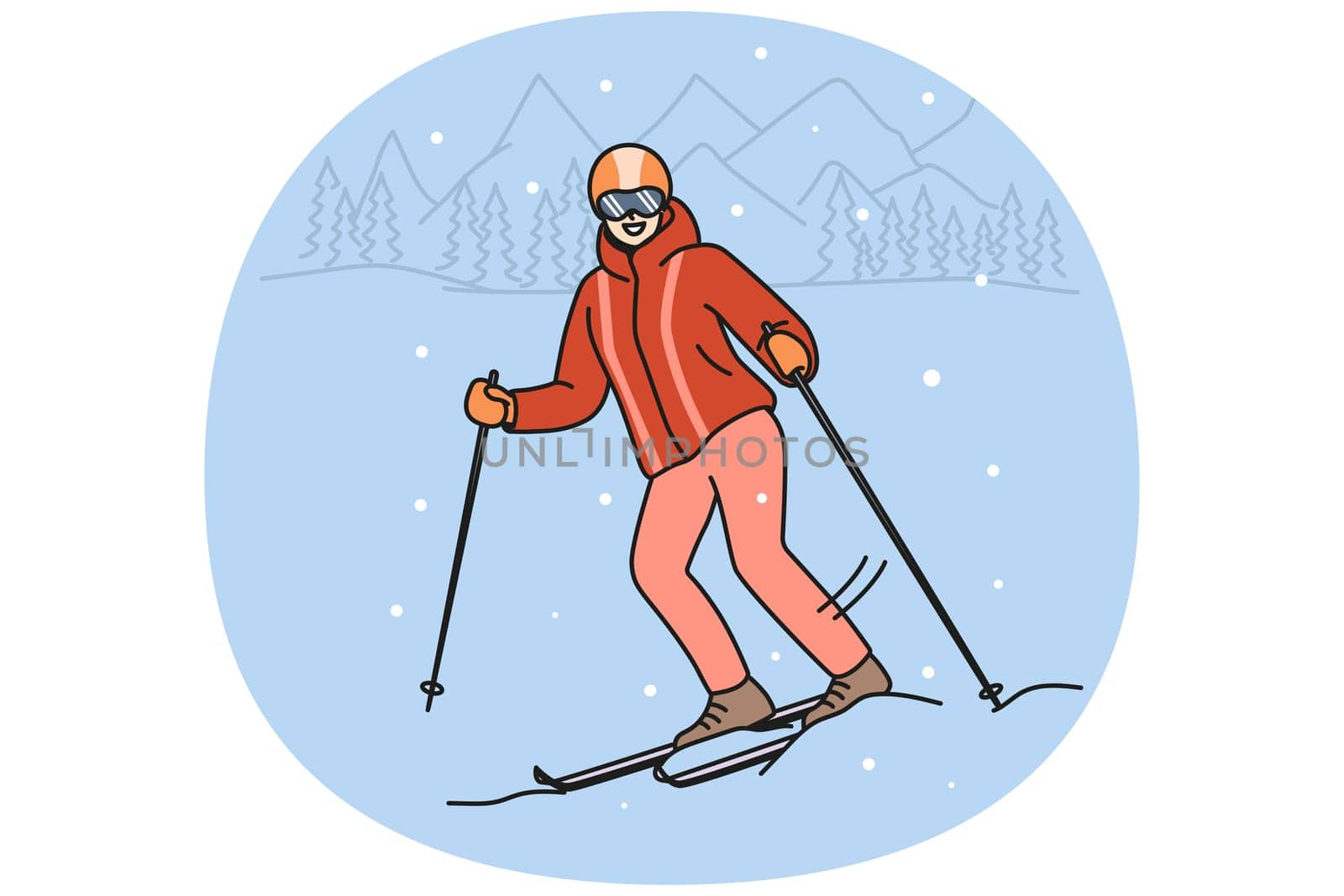 Smiling woman in outerwear skiing on mountain during winter holidays. Happy female skier in helmet and goggles enjoy active holidays outdoors. Vector illustration.