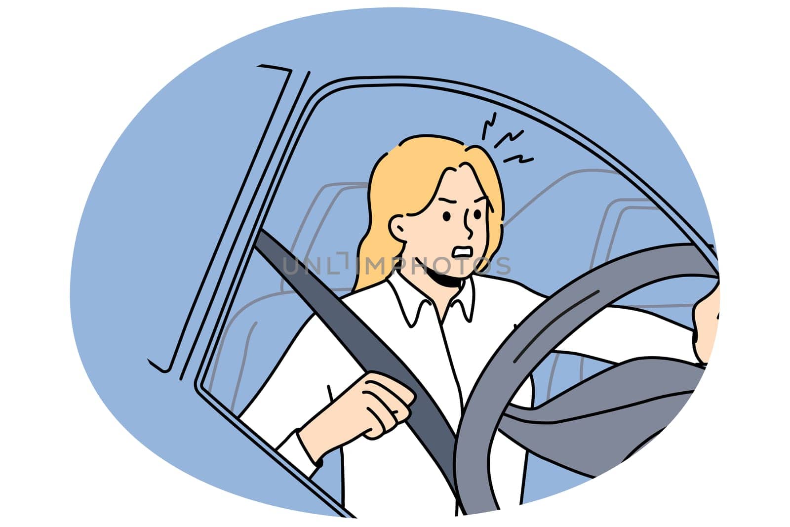 Furious young woman beep at road driving car. Mad girl feel angry and frustrated in traffic lose control. Vector illustration.