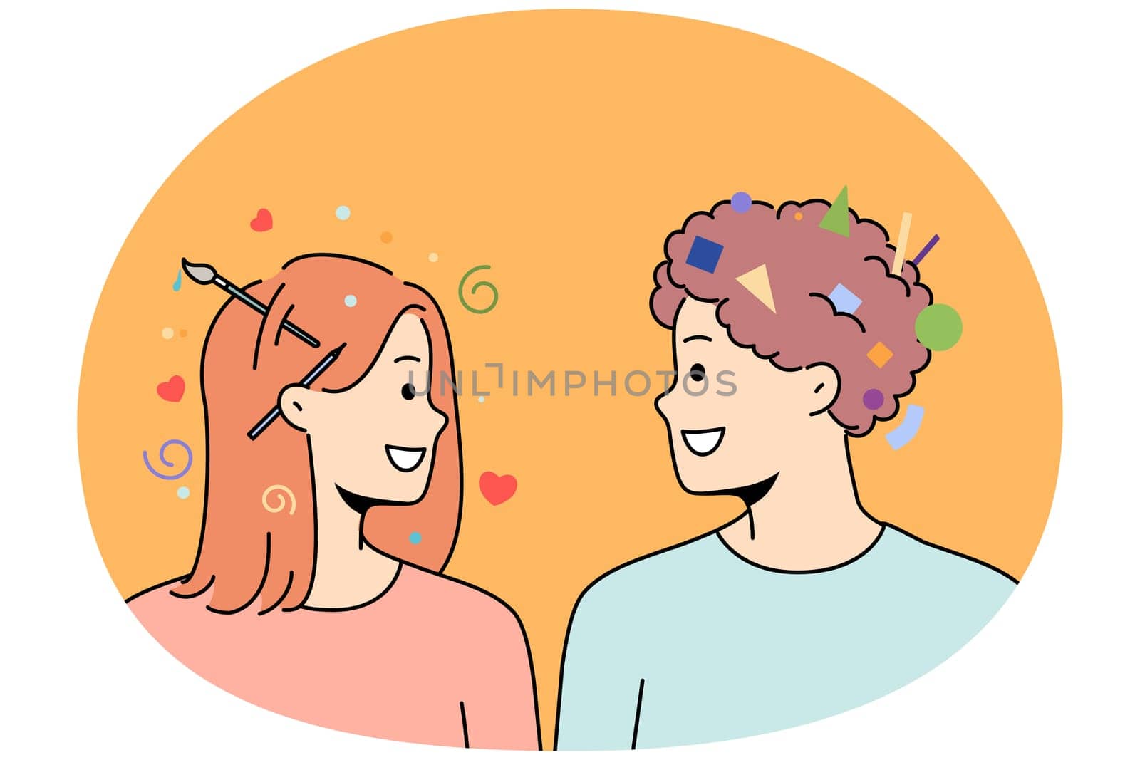Diverse people with different mindsets exchange ideas. Smiling man and woman with logical and creative thinking cooperate. Vector illustration.
