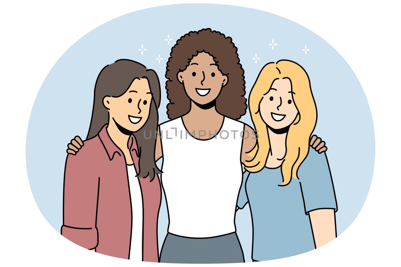 Smiling diverse girls standing together hugging showing friendship and support. Happy multiethnic interracial women posing embracing. Vector illustration.
