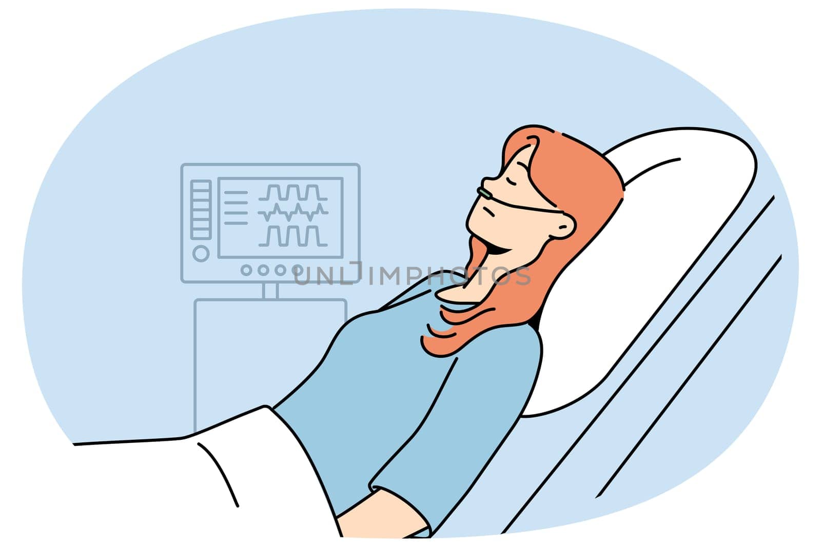 Sick woman with oxygen lying in hospital bed. Unhealthy female patient rest in clinic, monitored with electronic devices. Healthcare and medicine. Vector illustration.