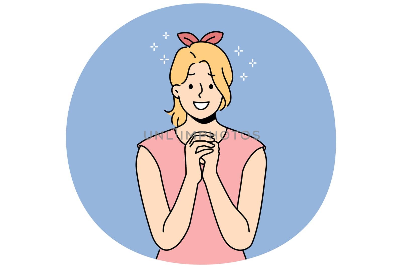 Smiling young woman with hands in prayer ask for forgiveness or beg. Happy girl feel hopeful and joyful praying. Faith and belief. Vector illustration.