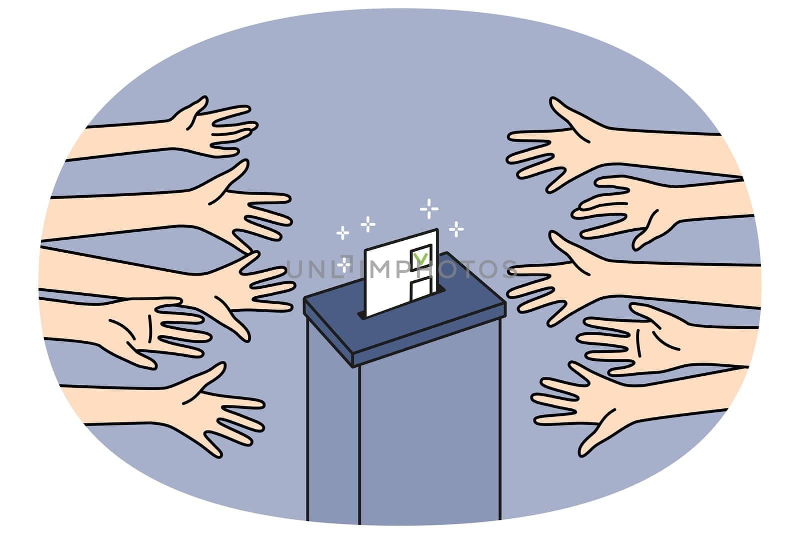 Diverse people near election box voting. Voters stretch hands throw political ballot. Right to vote concept. Vector illustration.