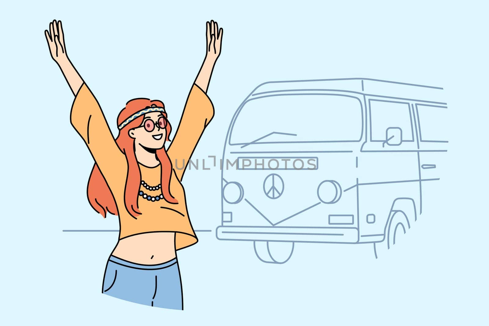 Teenage hippie girl goes on summer travel in minivan and raises hands, rejoicing at opportunity to relax. Young hippie woman standing near tourist van for travel with pacifism symbol