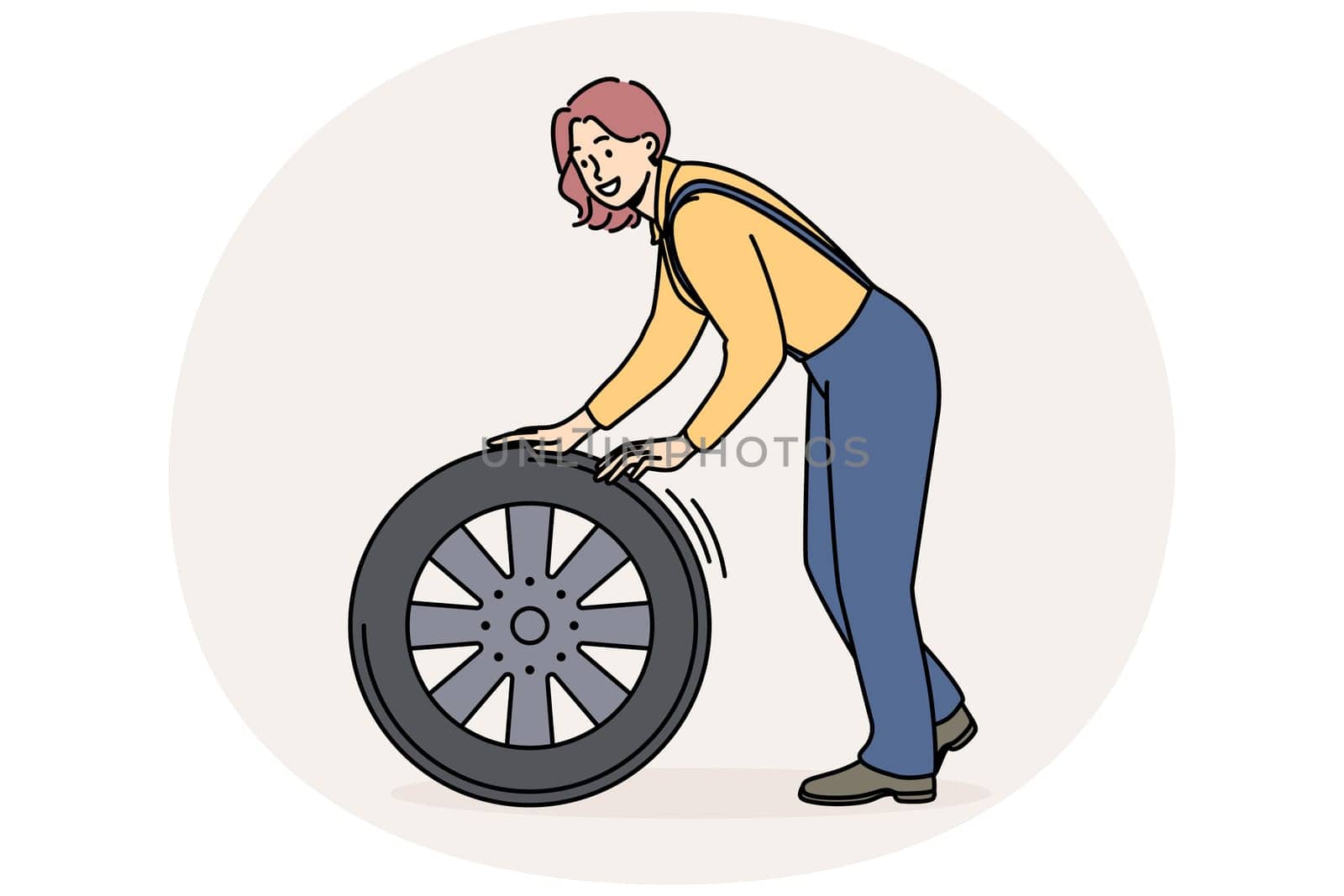 Smiling female mechanic with car tire working at auto repair service. Happy woman engineer busy with wheel repairing automobile. Vector illustration.