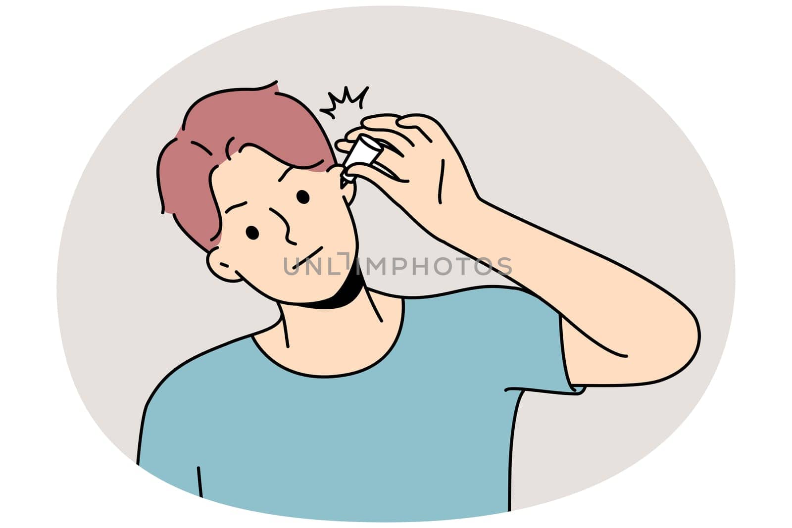 Unhealthy young man use eardrops suffer from infection. Unwell sick guy get medication for inflamed ear. Healthcare and medicine. Vector illustration.