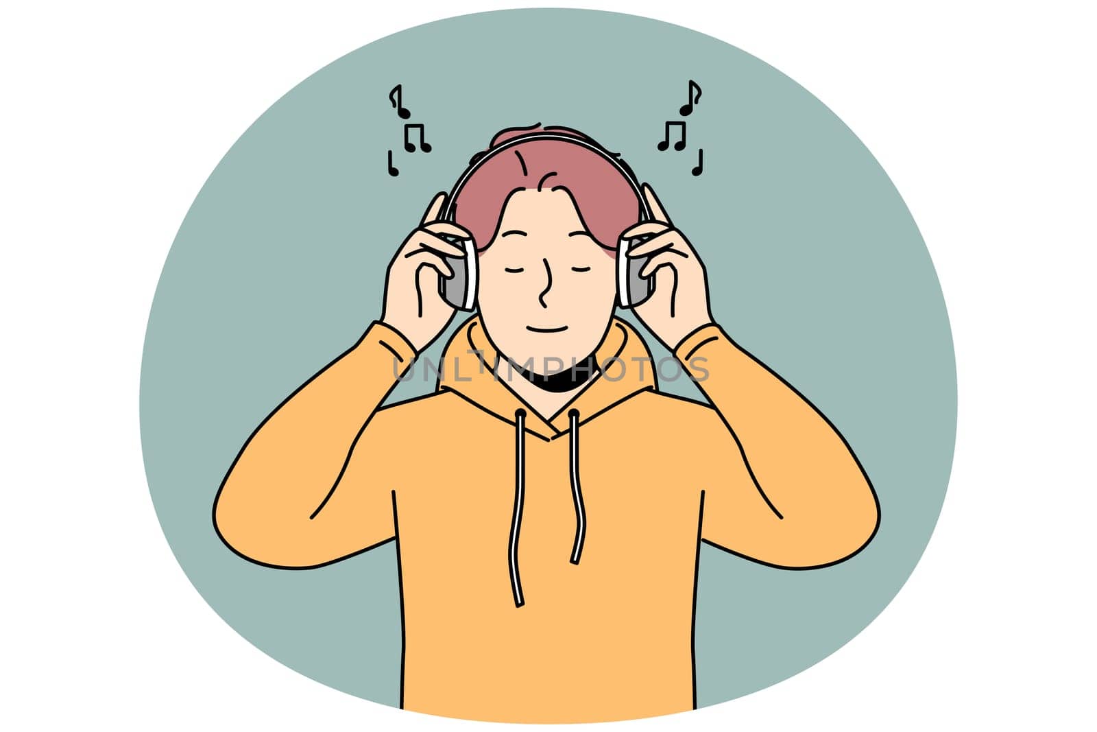 Smiling young man listen to music in modern wireless headphones. Happy guy enjoy good quality sound in earphones. Hobby and amusement. Vector illustration.