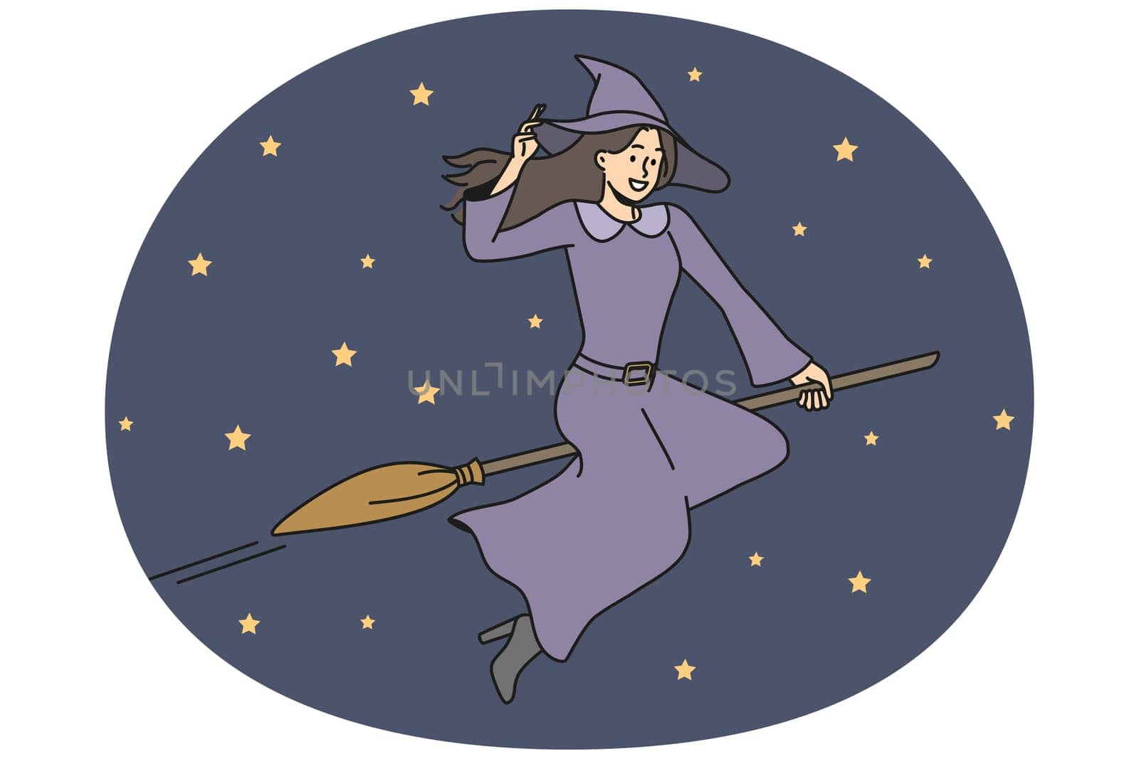 Smiling young witch in costume flying on broom in dark night sky. Happy female magician or wizard fly in starry sky. Vector illustration.