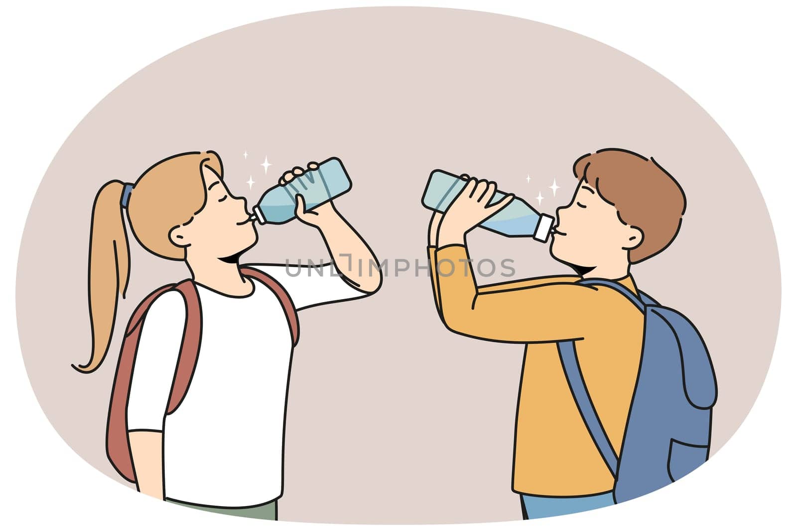 Small children with backpacks drinking fresh water from plastic bottles. Happy kids suffer from thirst enjoy clear aqua for hydration. Vector illustration.
