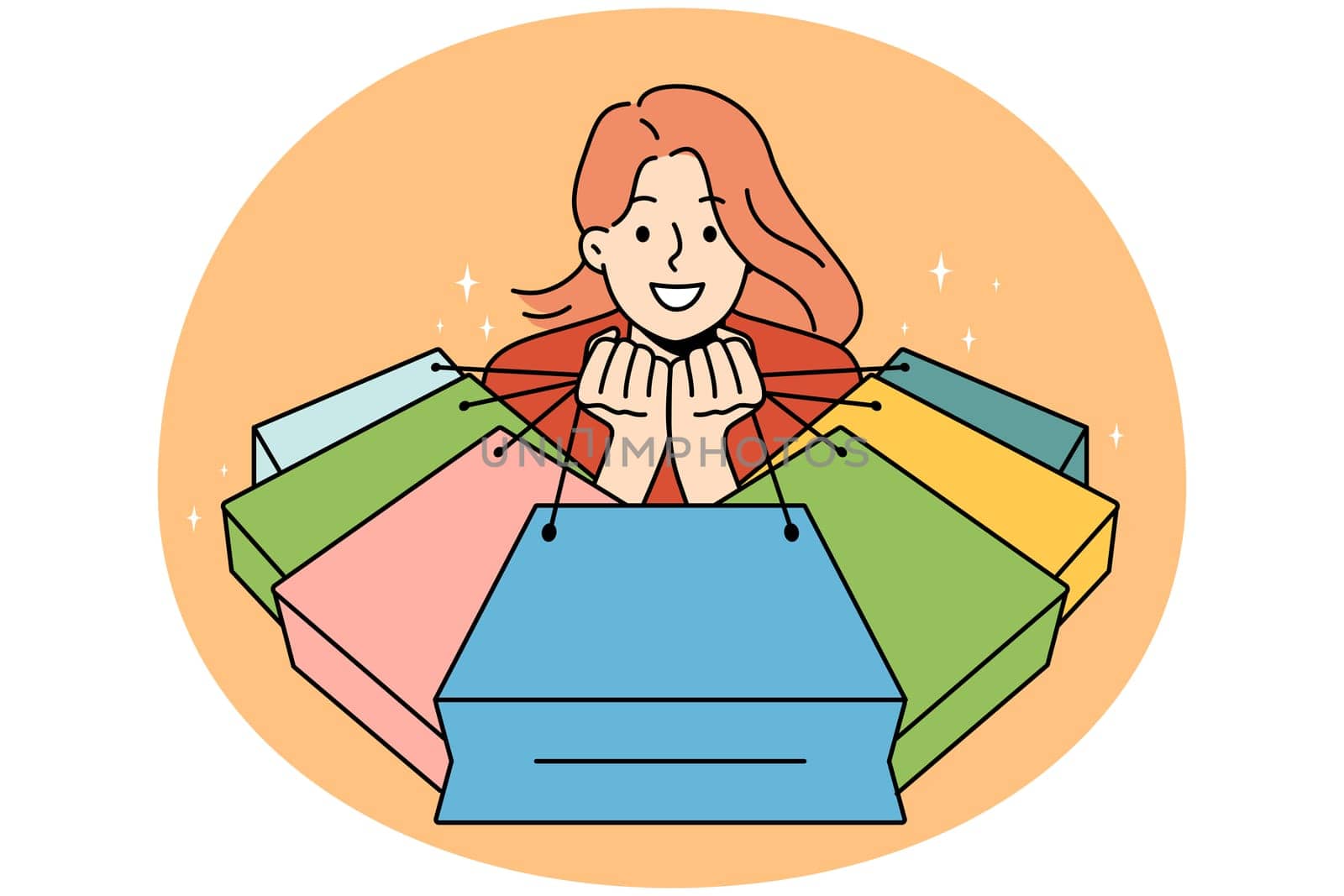Overjoyed young woman with numerous packages excited with shopping on sales. Smiling girl with packages happy with purchases. Shopaholic and consumerism. Vector illustration.