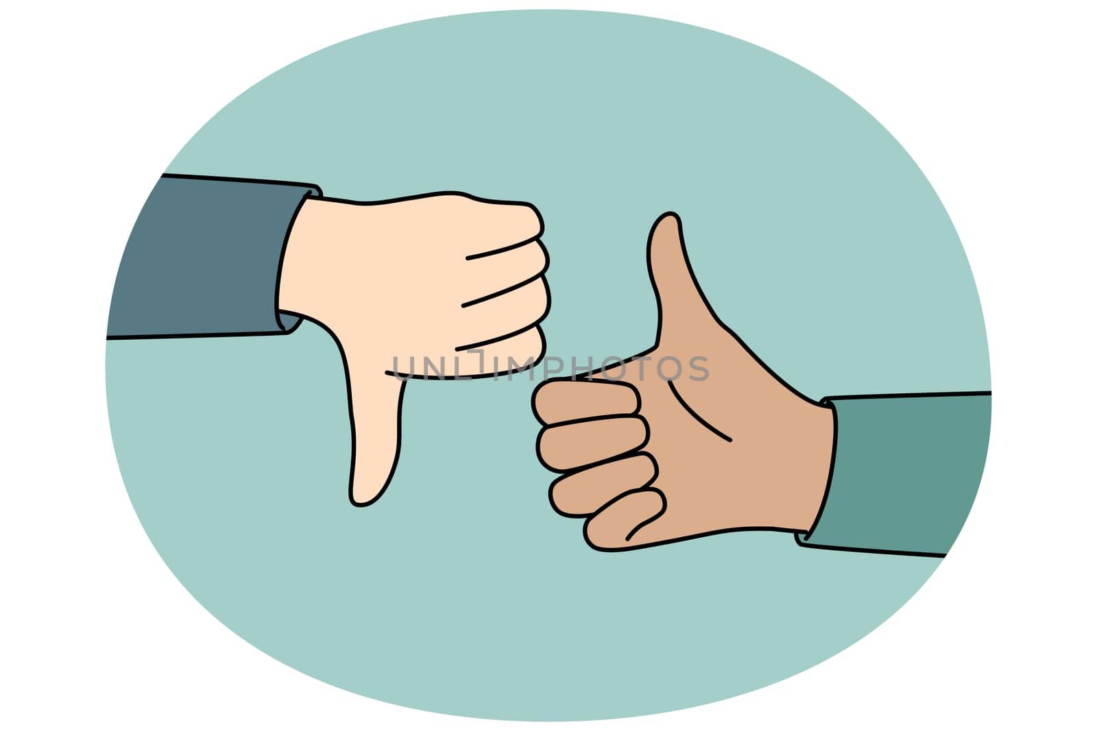 Closeup of people hands showing thumb up and down. Man or woman demonstrate like or dislike. Approval and disapproval. Vector illustration.