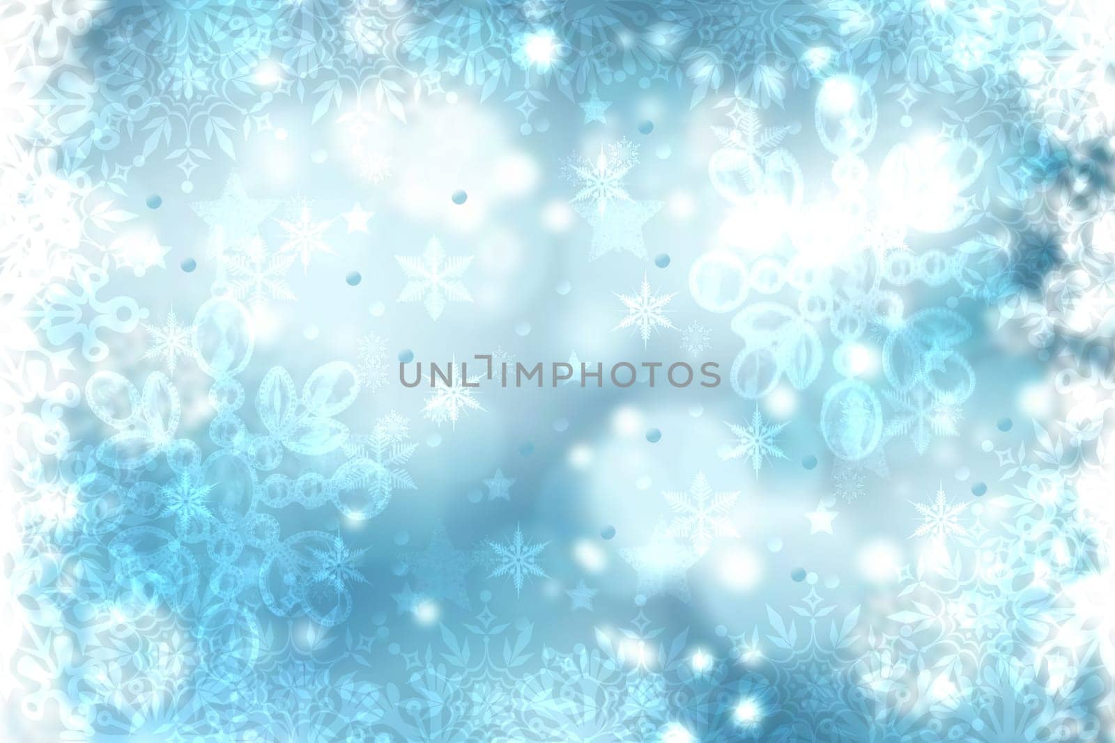 Christmas card template. Abstract festive blue winter christmas background texture with a pastel bokeh lighted xmas baubles and stars. Beautiful card design. Space.