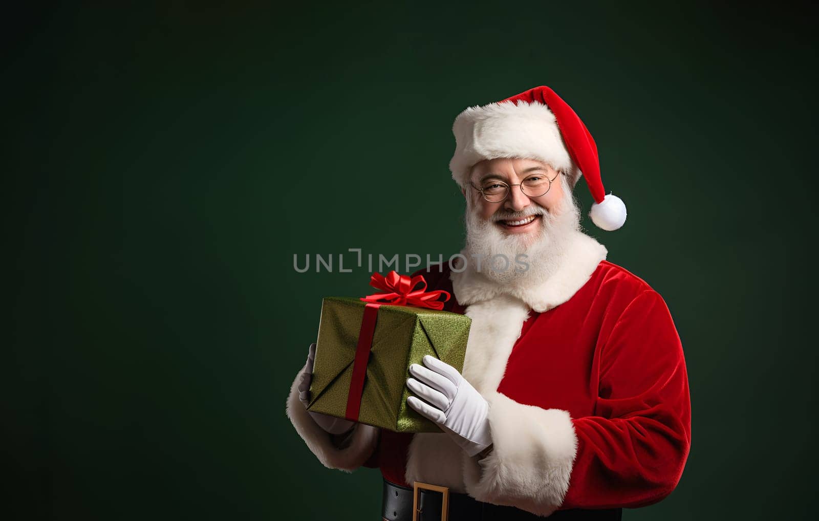 Portrait of happy Santa Claus holding Christmas present giftbox, gift with surprise in his hands. Green pocket or box with red ribbon. Green background. Copy space for text. High quality photo