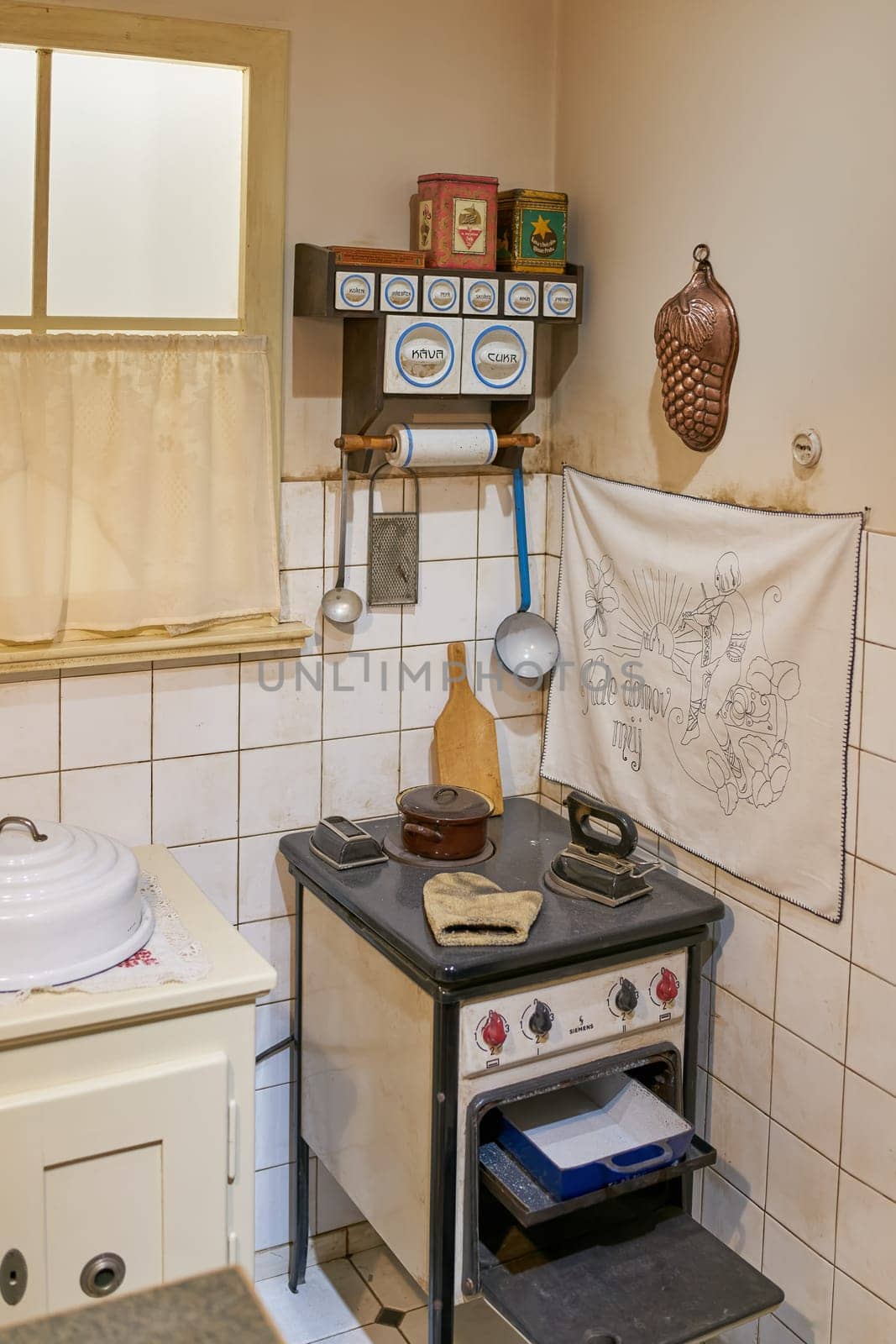 Old historic kitchen with outdated equipment in an apartment in Prague in the Czech Republic