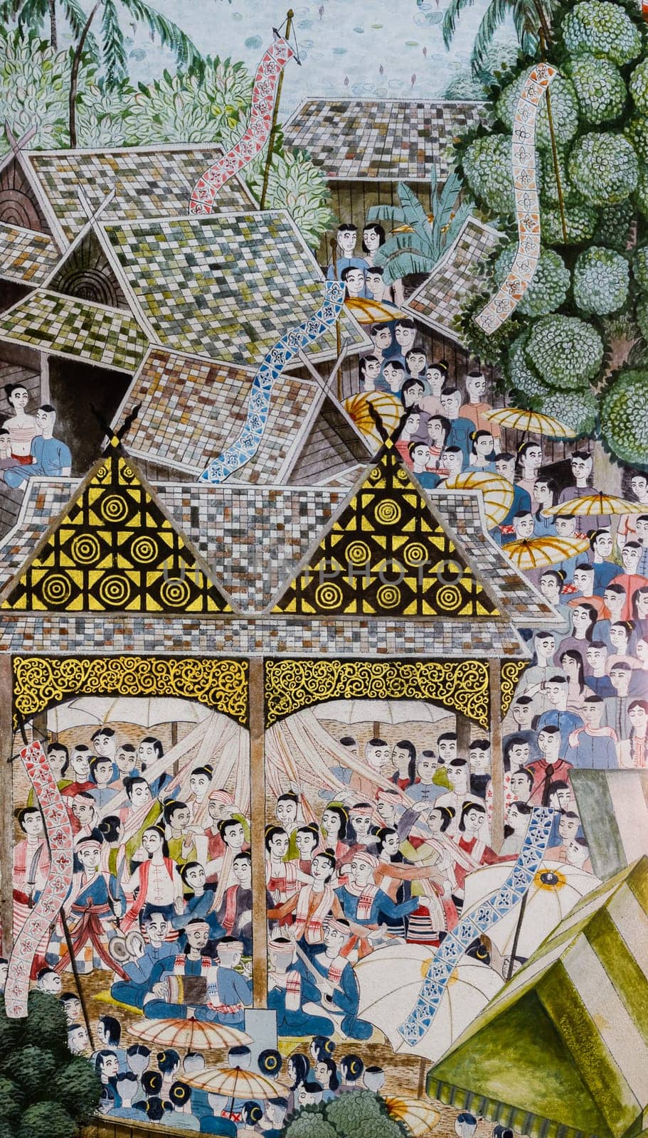 CHIANG MAI,THAILAND - OCTOBER 27, 2014 : Thai Lanna style mural painting on temple wall of Wat Chaimongkol Temple in Chiang Mai, Thailand.