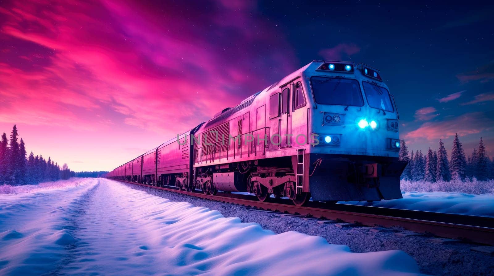 Shiny train in magenta and blue colors, driving on the winter landscape  at night with Aurora Borealis the Northern lights at sky. A powerful locomotive pulls a long freight train along snow-covered train tracks. AI generated