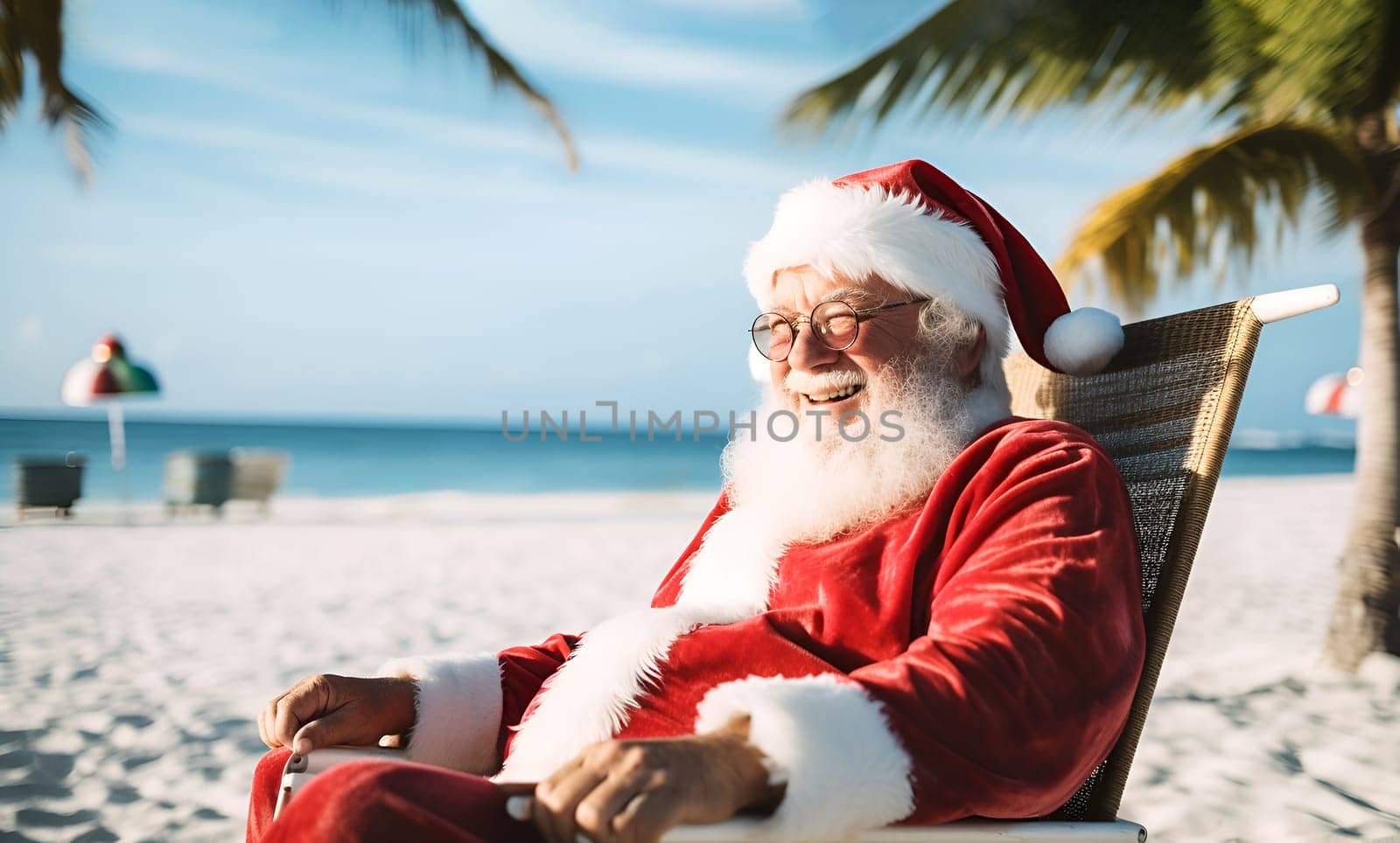 Happy smiling Christmas Santa Claus resting, relaxing, enjoying vacation travel in hot countries at lounge chair, sunlounger at ocean sandy tropical beach, under palm leaves. New Year holiday concept
