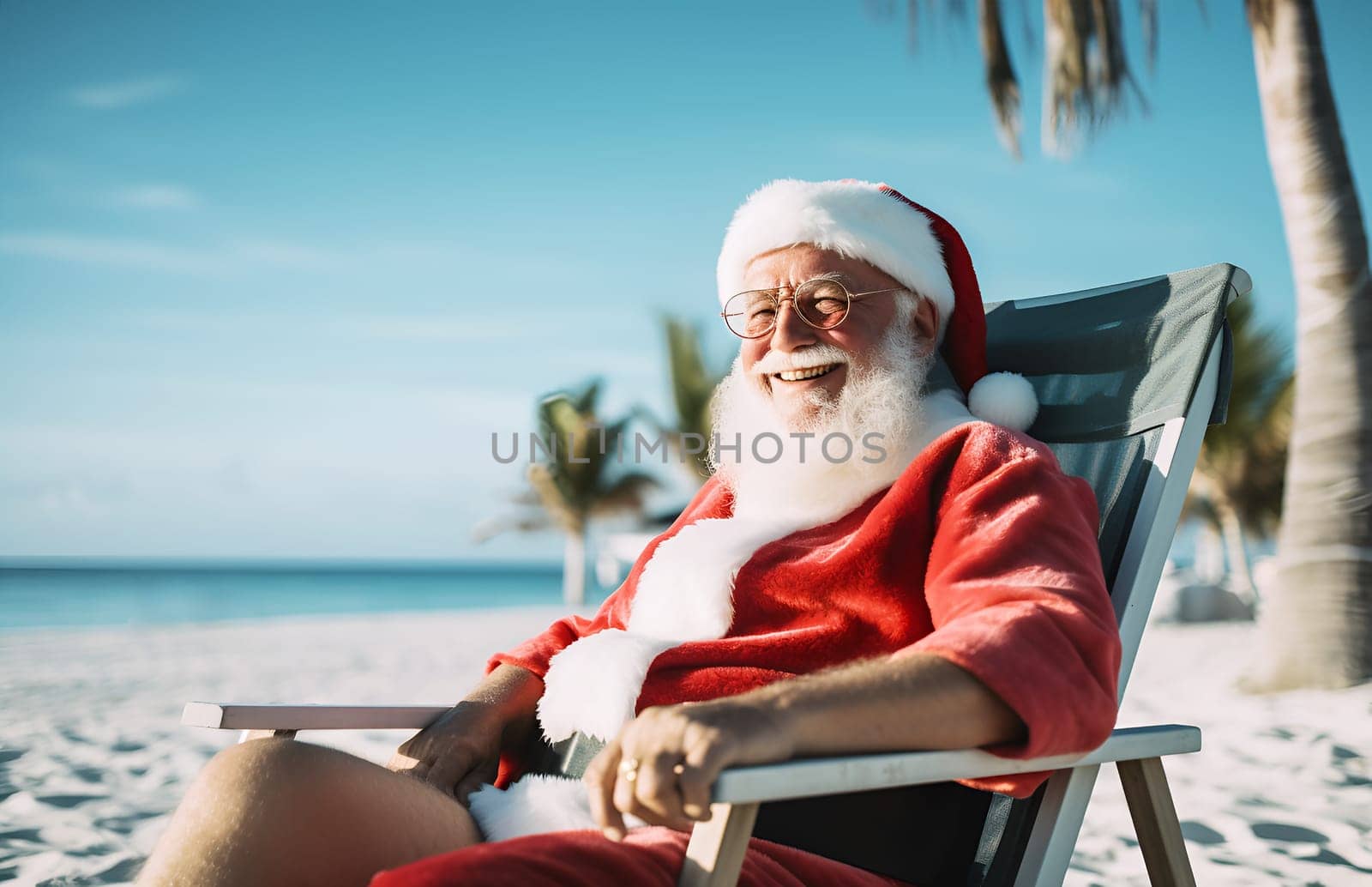 Happy Christmas Santa Claus relaxing, sitting, enjoying the sunshine on sun at lounge chair, sunlounger at ocean sandy tropical beach, under palms, blue sky and cloud. Vacation travel holiday concept