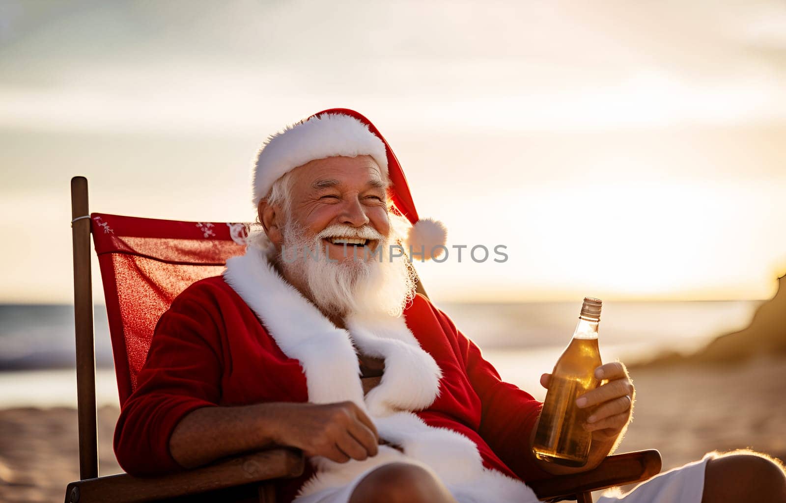 Happy smiling Christmas Santa Claus with beer drink resting, relaxing at lounge chair, sunlounger at ocean sandy tropical beach. Vacation travel in hot countries, New Year holiday concept