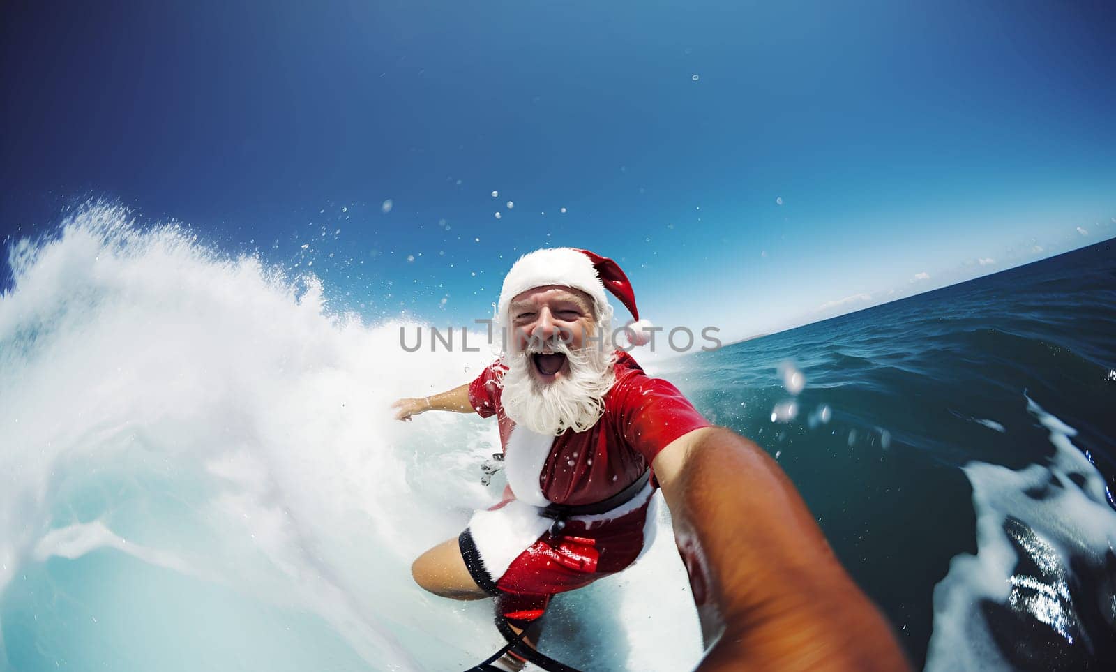 Santa Claus windsurfer at surf board. Santa surfing at surfboard at blue ocean, sea wave. Christmas holiday, vacation, festive winter celebration concept. Looking at camera doing selfie. Face focus
