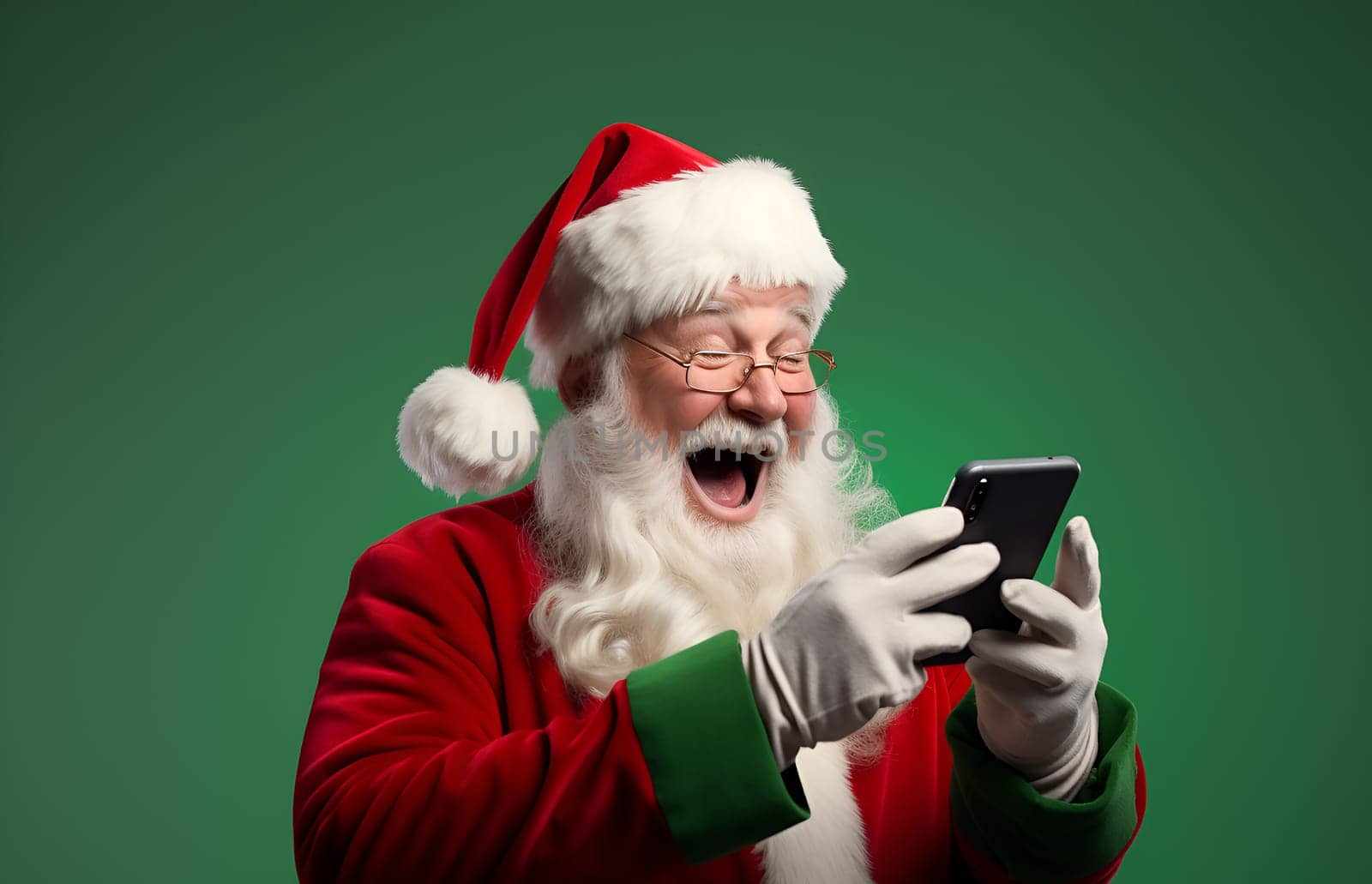 Portrait of Santa Clause looking at mobile phone. Christmas time shopping, sales. Shocked man in costume of Santa reading promo, advertisement or Christmas greeting from business. Green background