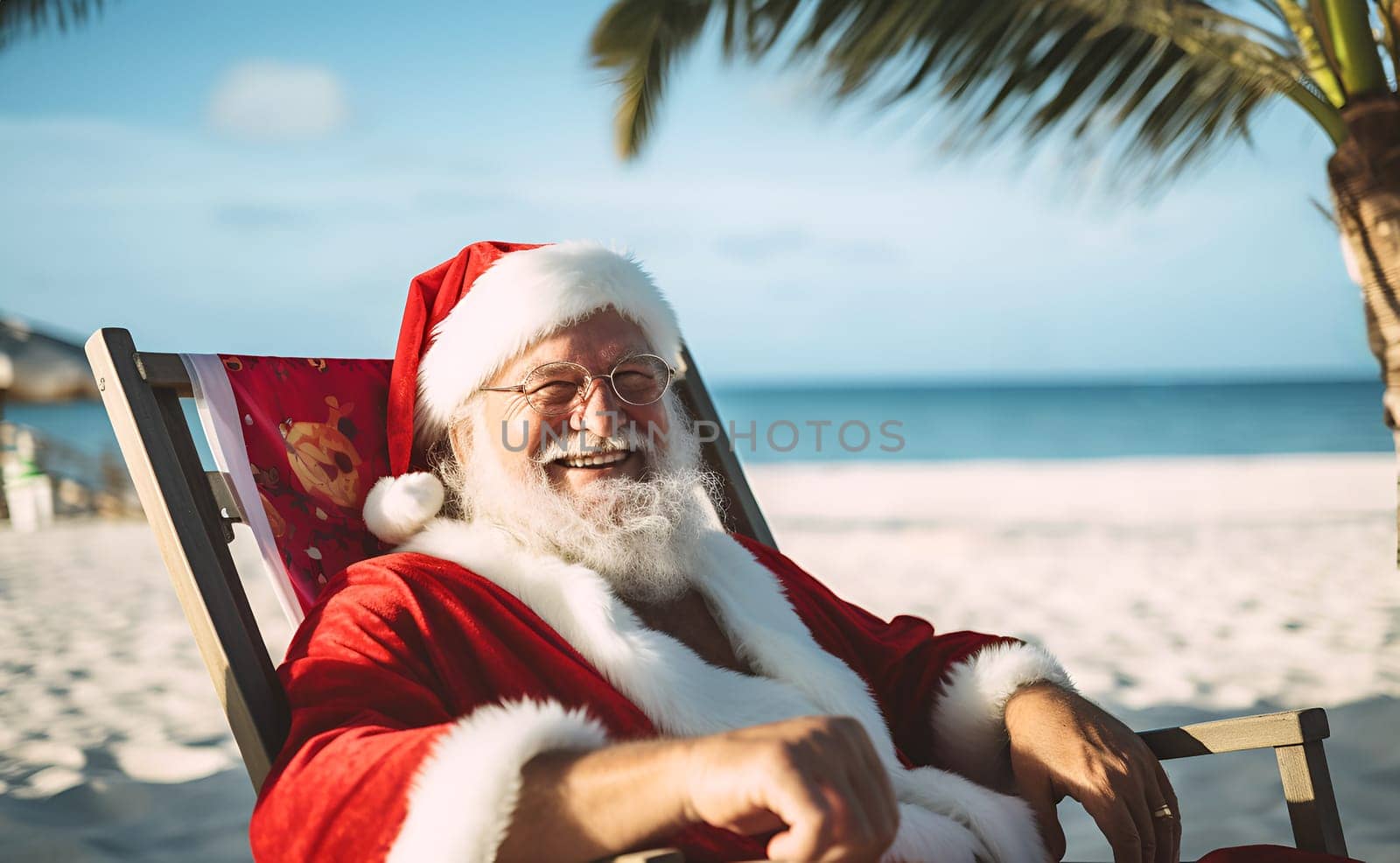 Happy smiling Christmas Santa Claus resting, relaxing, enjoying at lounge chair, sunlounger at ocean tropical beach, under palm leaves, blue sky and cloud. Vacation travel, New Year holiday concept