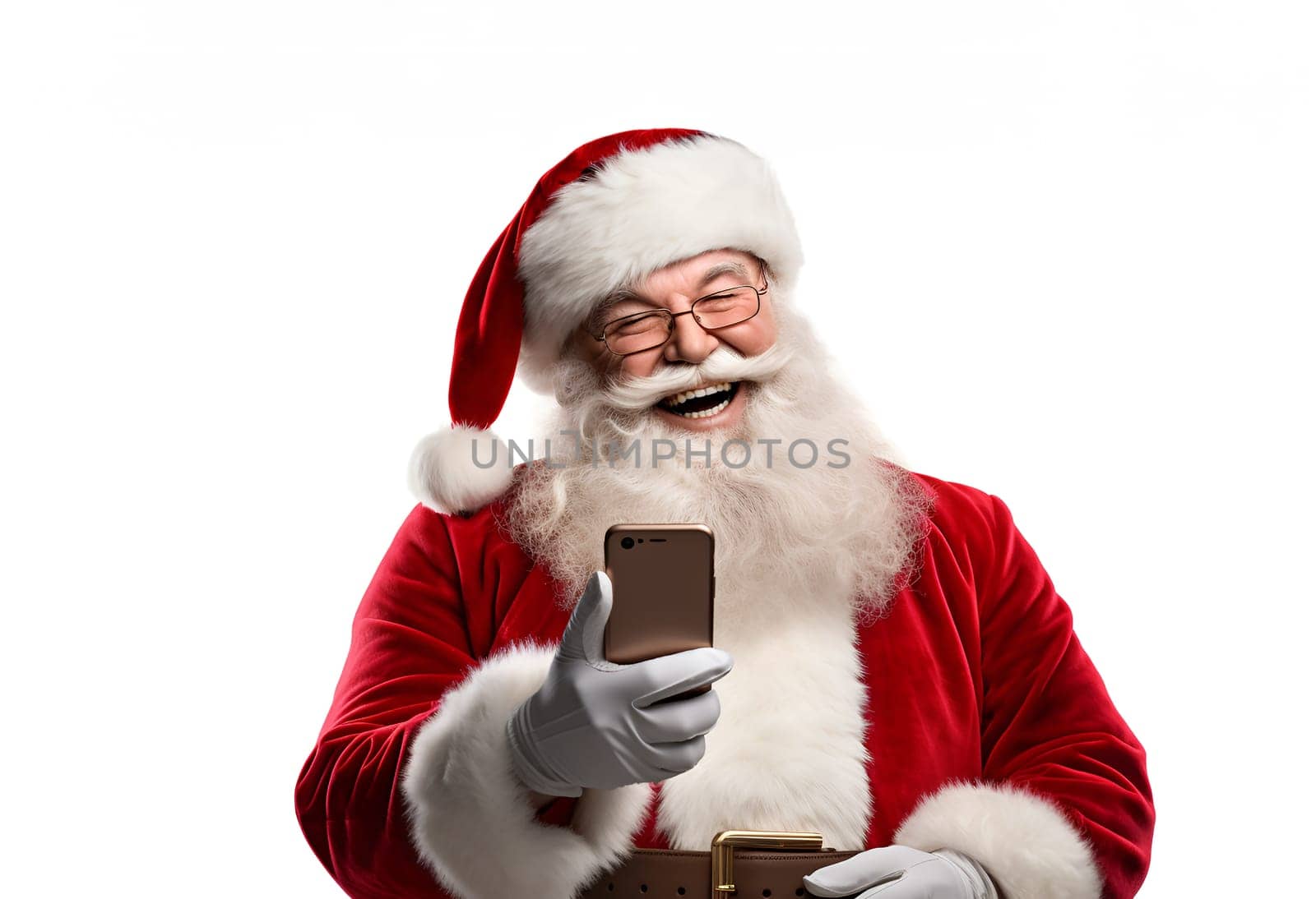 Portrait of Santa Clause looking at mobile phone. Christmas time shopping, sales. Shocked man in costume of Santa reading promo, advertisement or Christmas greeting from business. Good deals concept