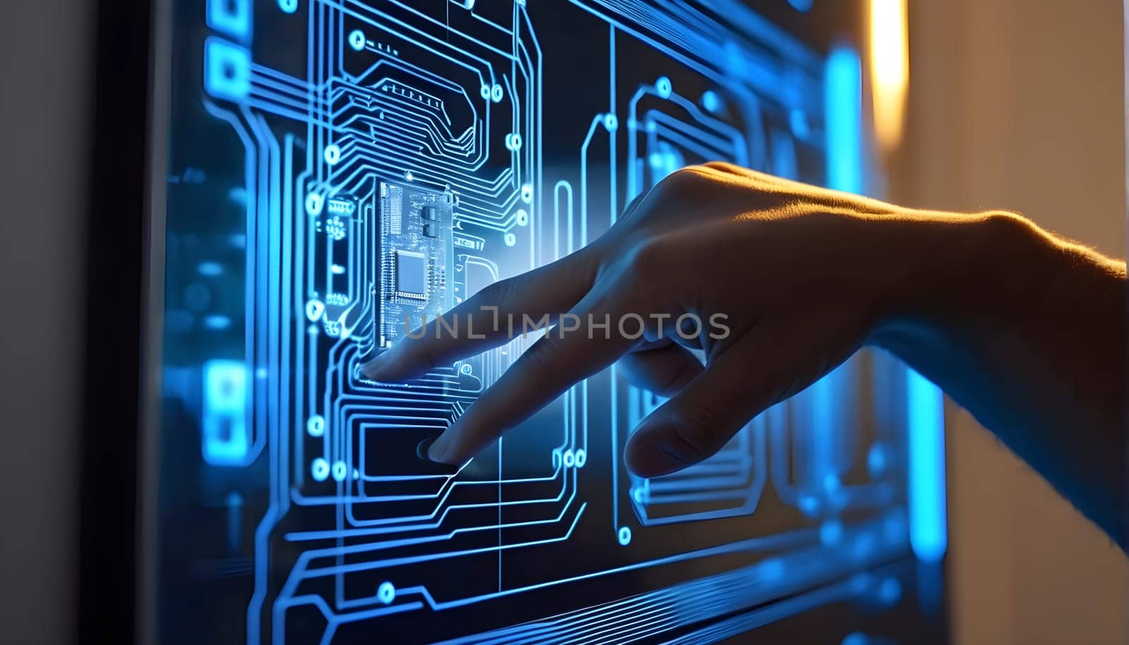 A hand points to a backlit circuit board or a circuit - symbolism for technology