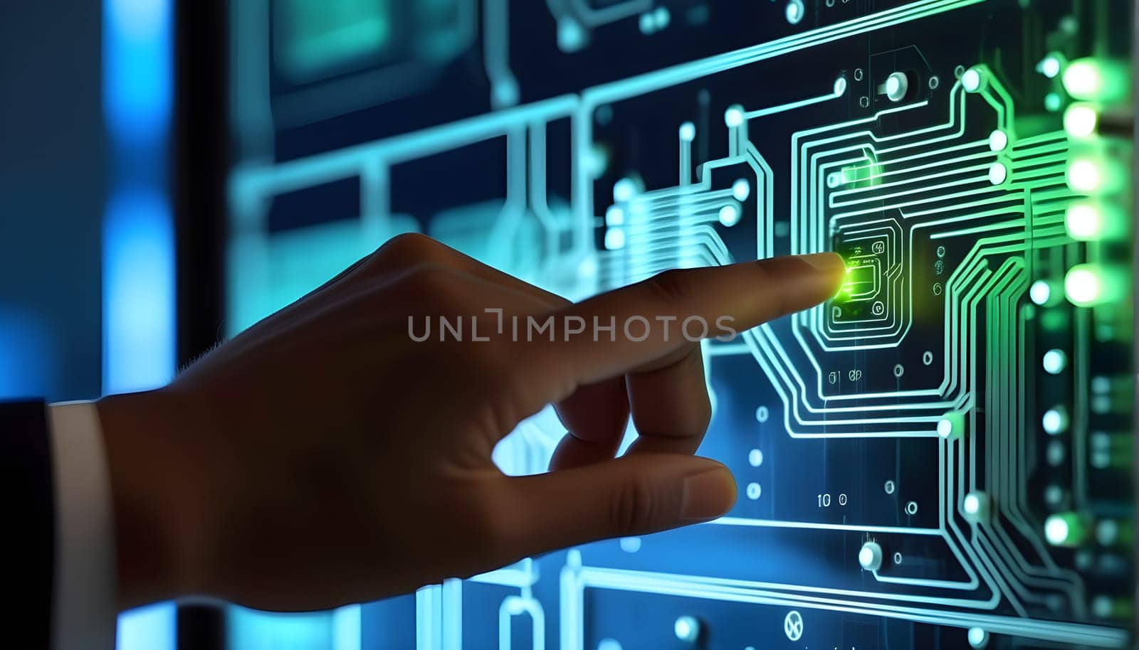 A hand points to a backlit circuit board or a circuit - symbolism for technology