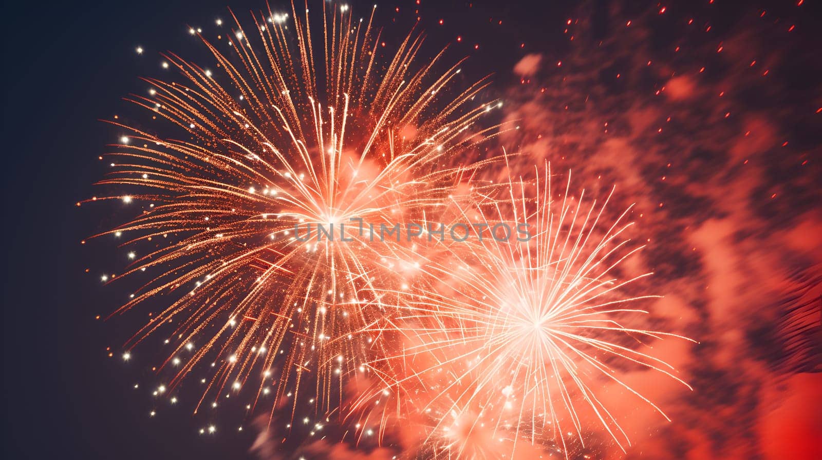 Abstract colored stars, firecrackers, golden sparks, sparklers, bokeh lights of fireworks background against light up black sky at night with free space for text. New year holiday celebration concept