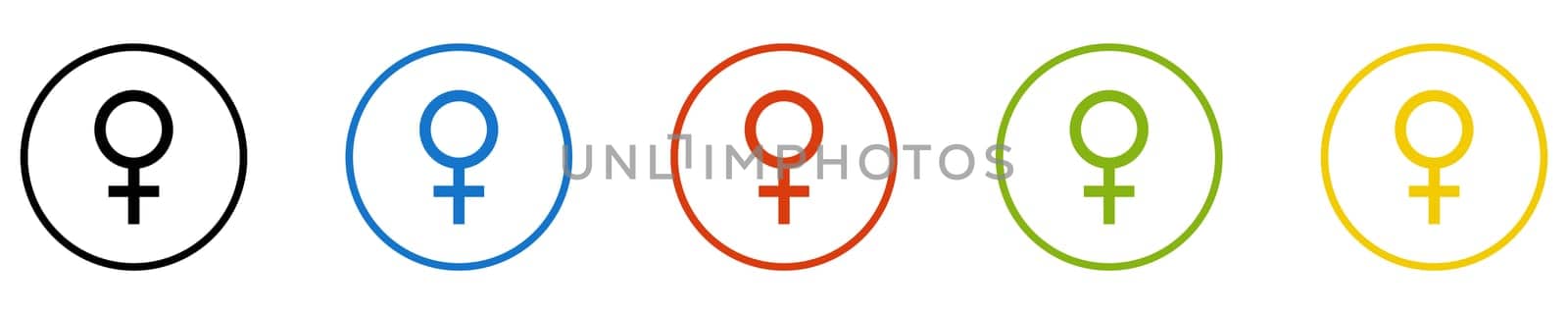 5 Icons in circles black, blue, red, green, orange: Female