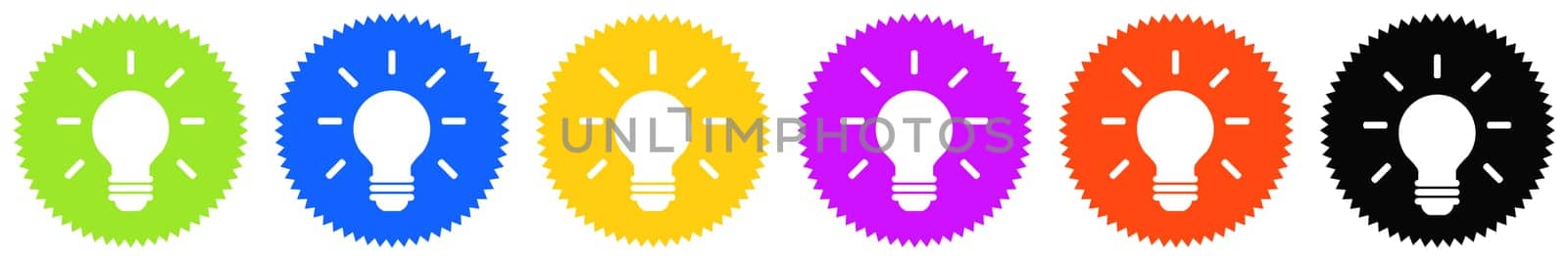 6 colorful round Buttons with white icons: Light bulb, Idea, Tip or Light