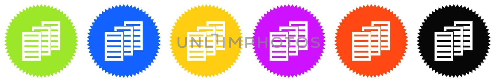 6 colorful round Buttons with white icons: Papers or Documents