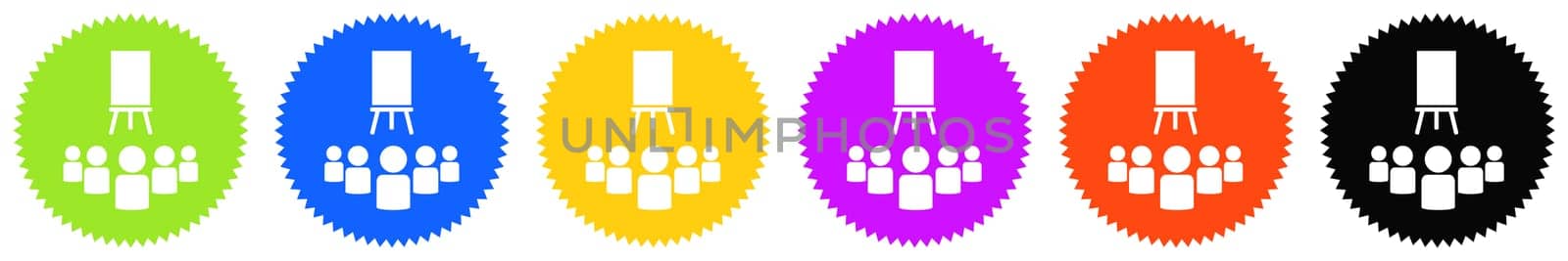 6 colorful round Buttons with white icons: Seminar, Course or Webinar