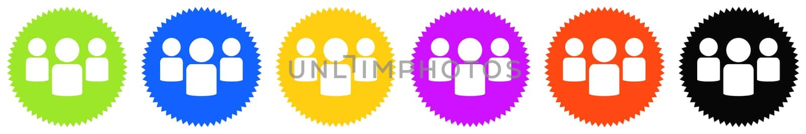 6 colorful round Buttons with white icons: Community, Team or Members
