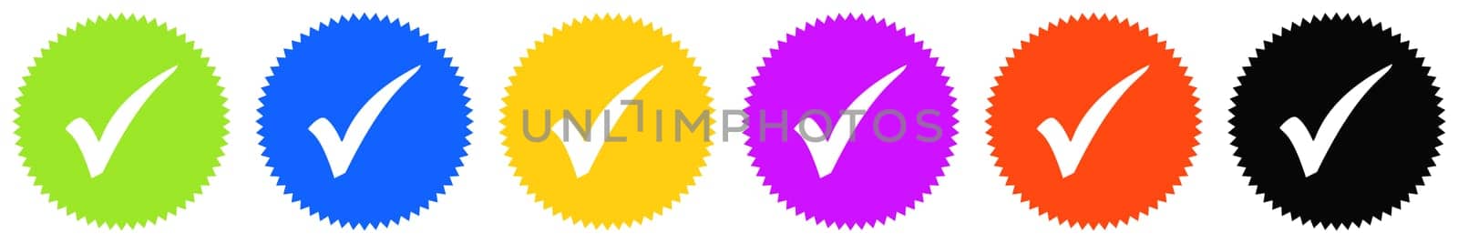 6 colorful round Buttons with white icons: Check or Tick