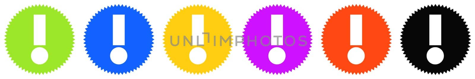 6 colorful round Buttons with white icons: Exclamation Mark, warning or Error