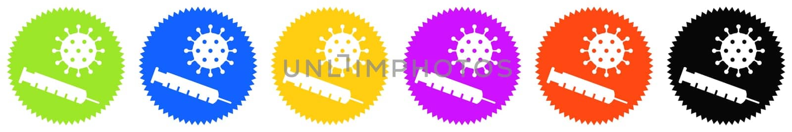 6 colorful round Buttons with white icons: Vaccination or Vaccinated