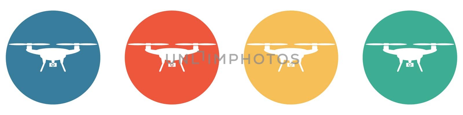 4 colorful Buttons blue, red, orange and green showing: Drone