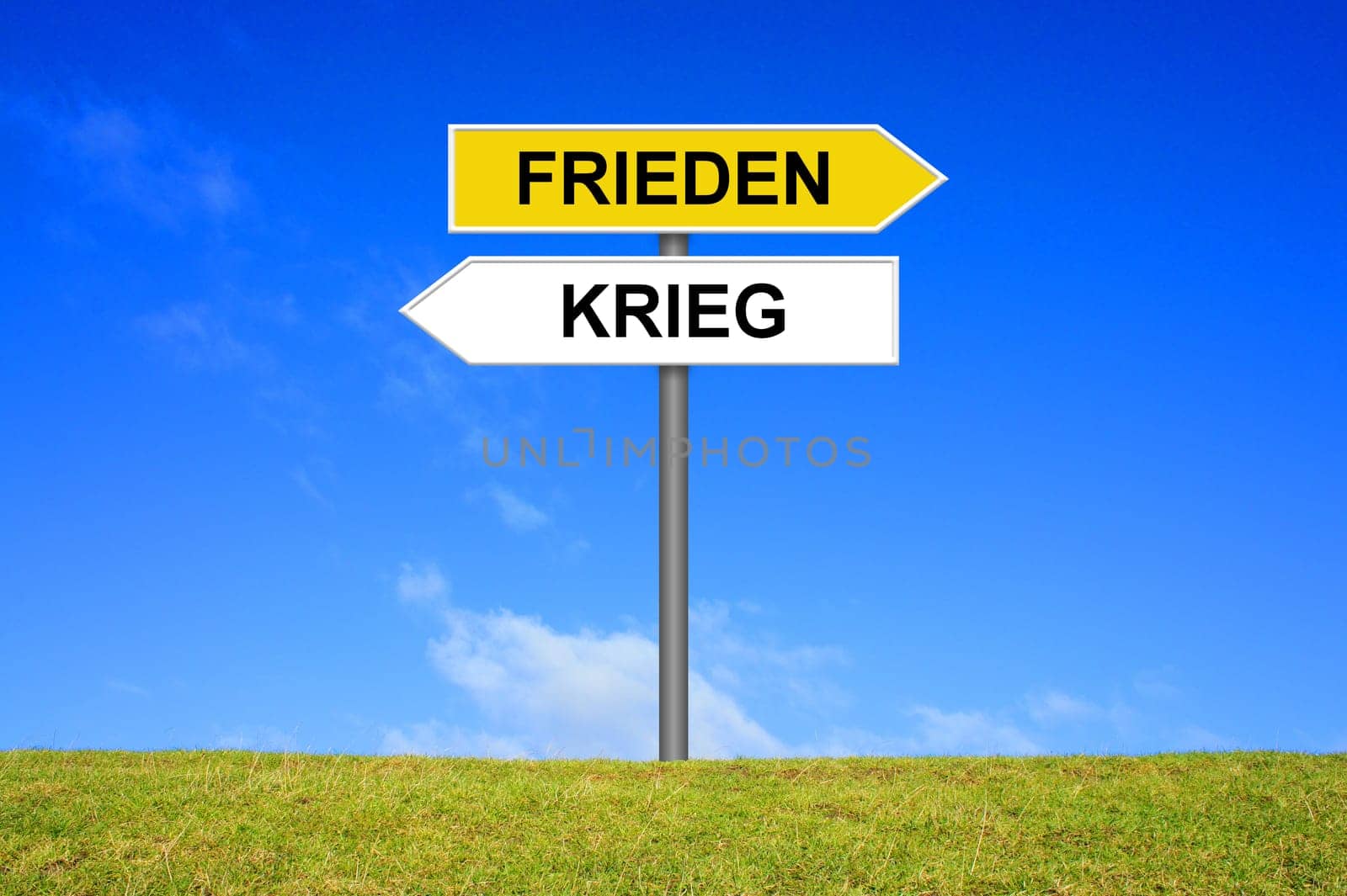 Signpost outside is showing Peace or War in german language