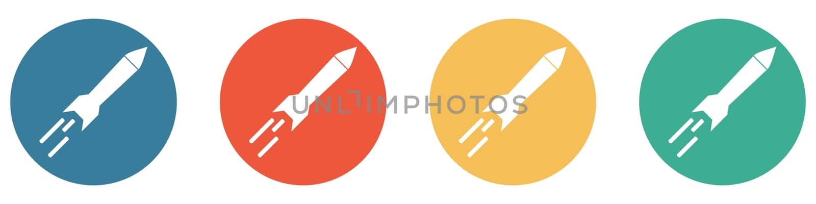 4 colorful Buttons blue, red, orange and green showing: Rocket or Missilie