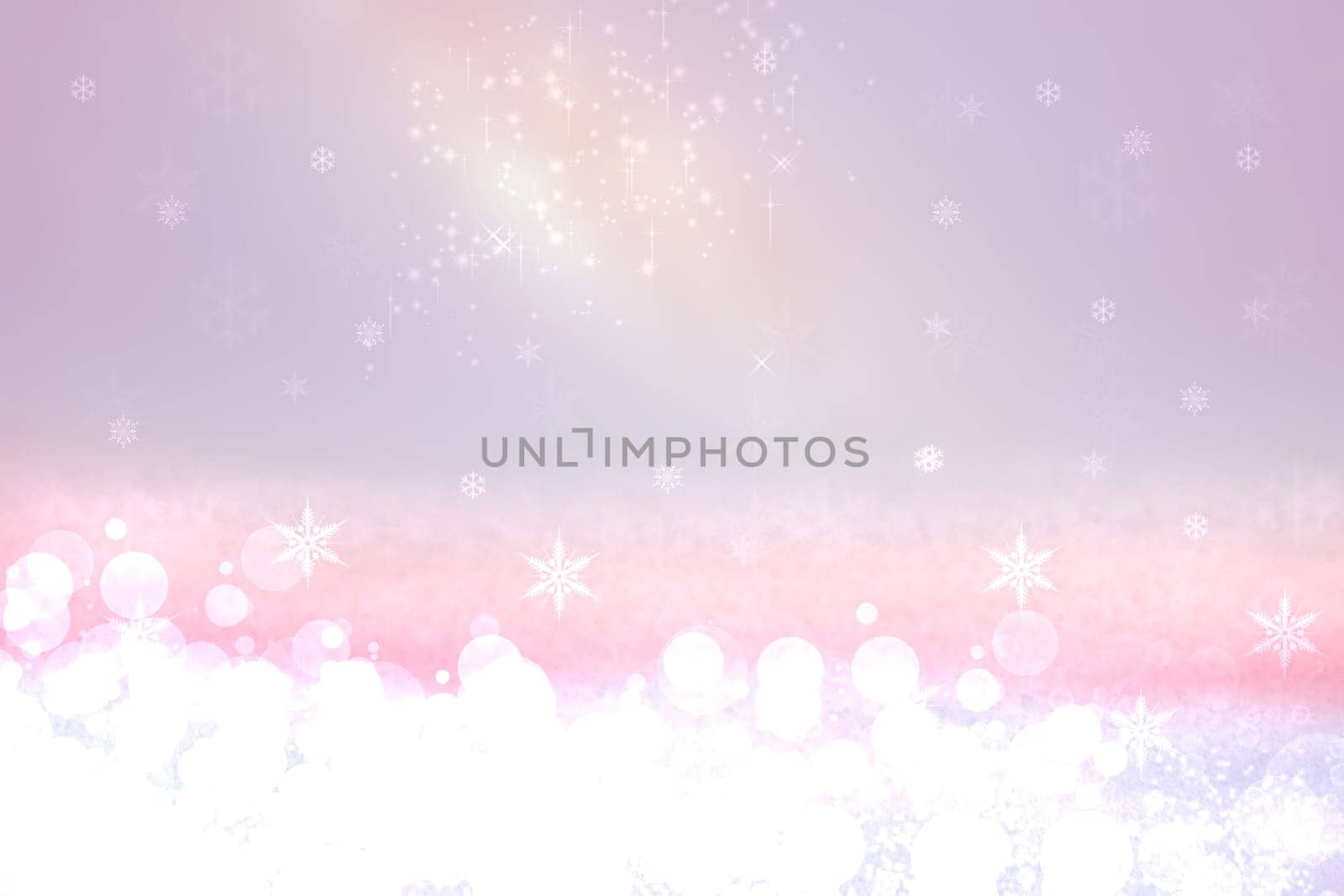 Abstract blurred festive delicate winter christmas or Happy New Year background with shiny blue pink and white bokeh lighted stars. Space for your design. Card concept.