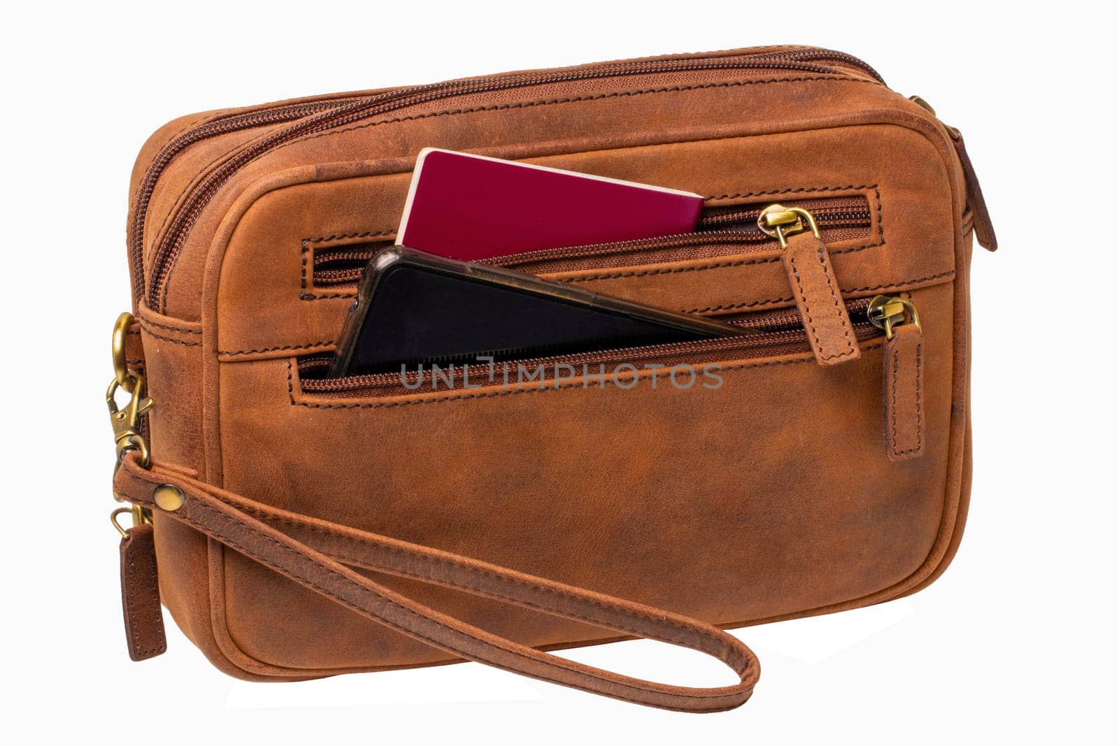 Leather handbag isolated. Close-up of brown businessman luxury leather wrist handbag. Fashionable brown leather briefcase or bag for men.