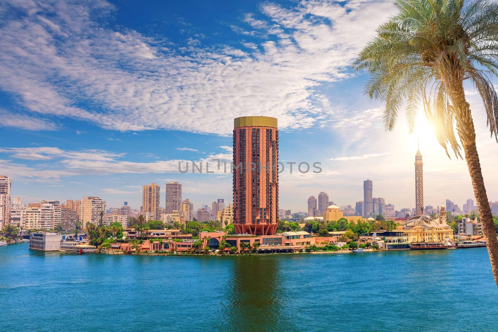 Bright Nile scenery, view on the river and Gezira island in Cairo, Egypt.