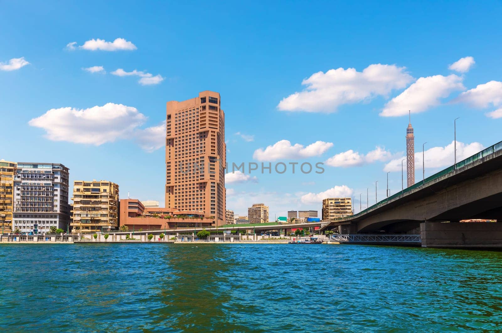 View on the Nile, city center and the 6th October Bridge of Cairo, Egypt.