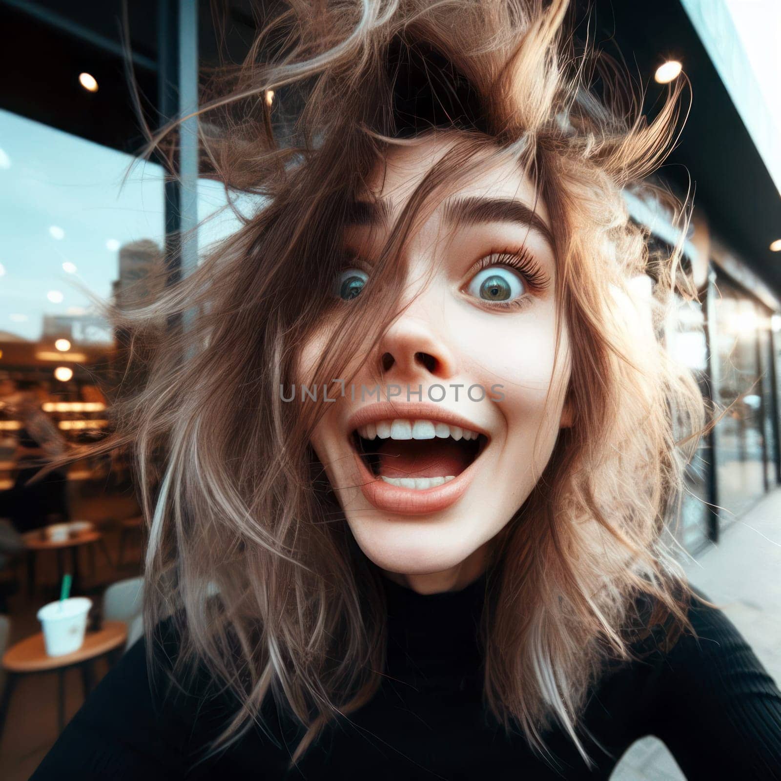 comical fisheye photo of a young woman with messy hair desperately in need of morning coffee generative ai
