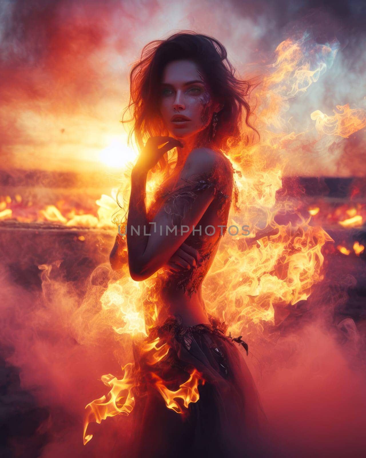 beautiful fire elemental goddess or demon burning with flames generative ai