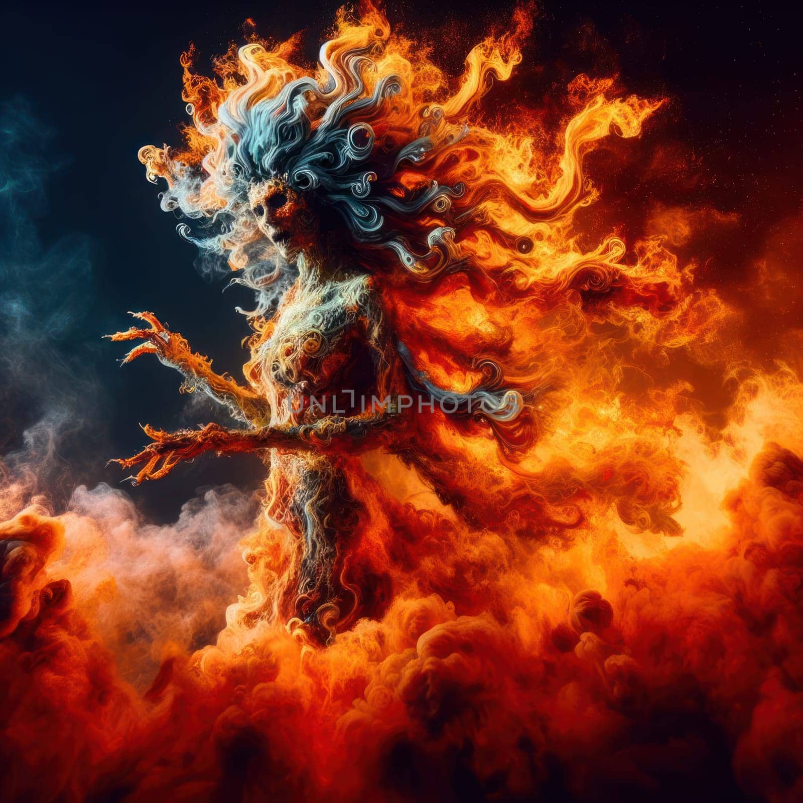 horrific fire elemental goddess or demon burning with flames generative ai